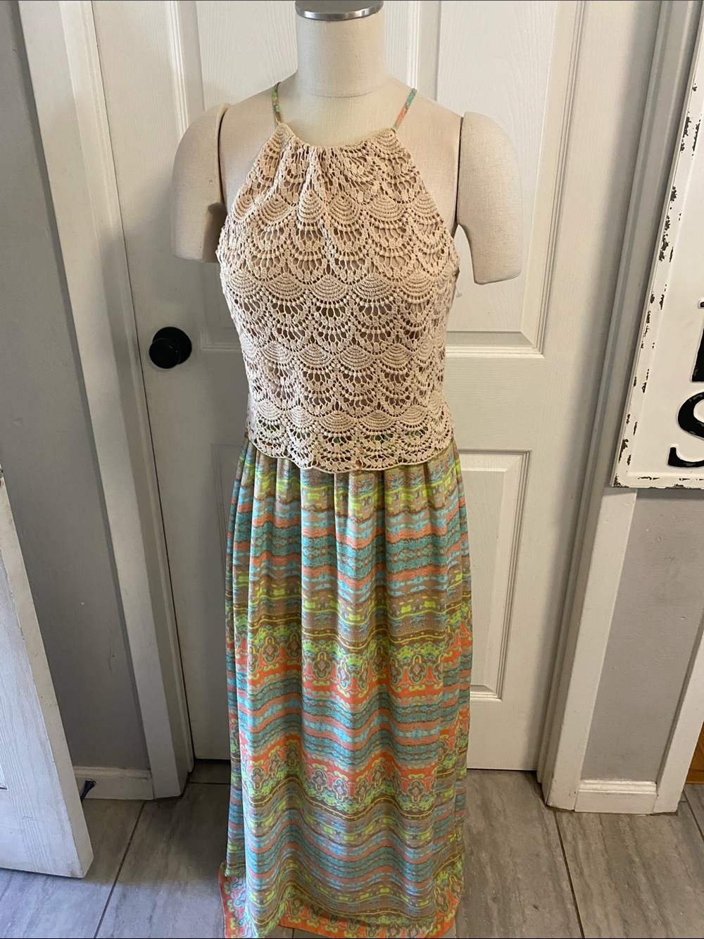 Kenji Crochet Halter Maxi Dress in Cream and Multicolor size 8
